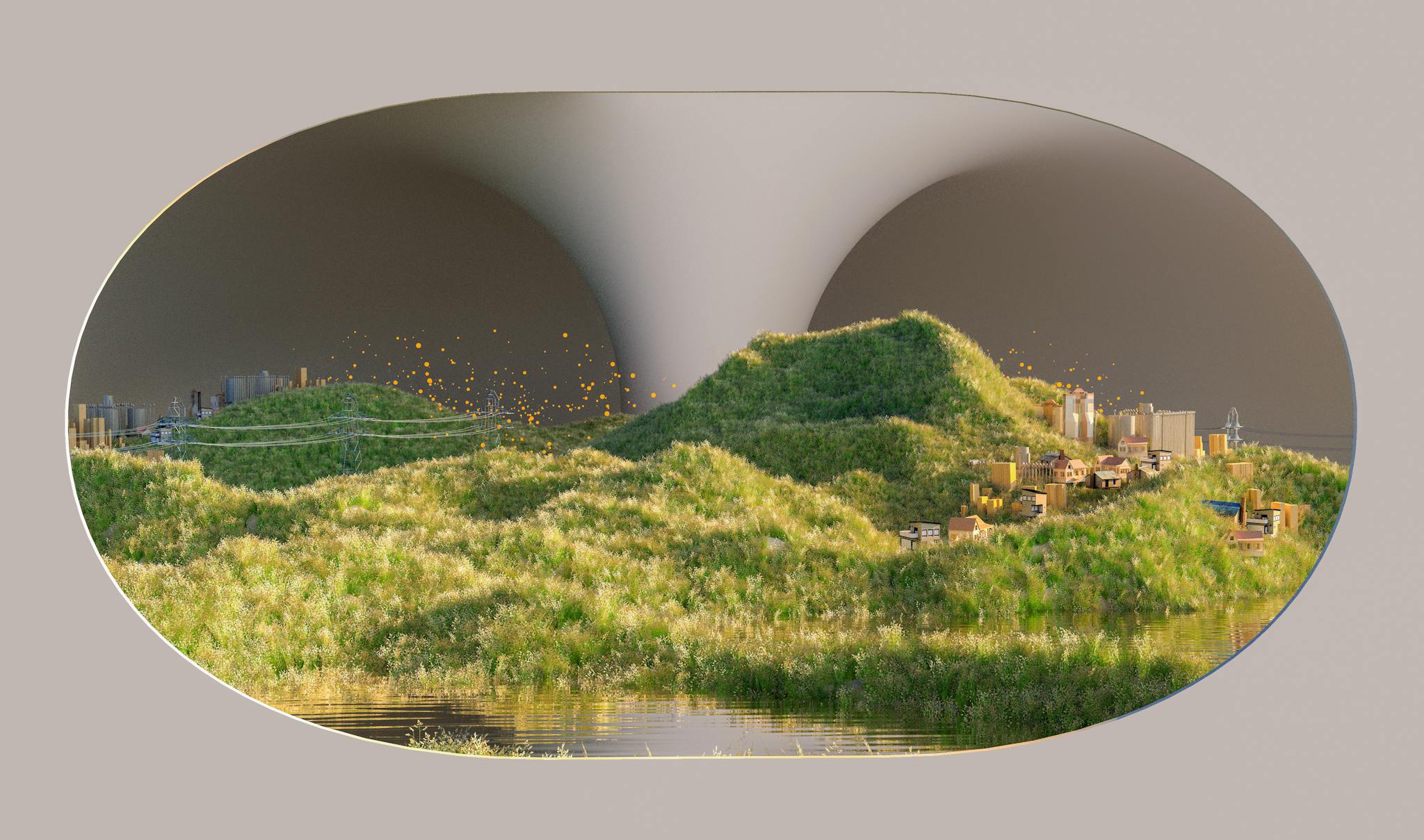 Surreal AI-rendered landscape blending nature with modern city elements.